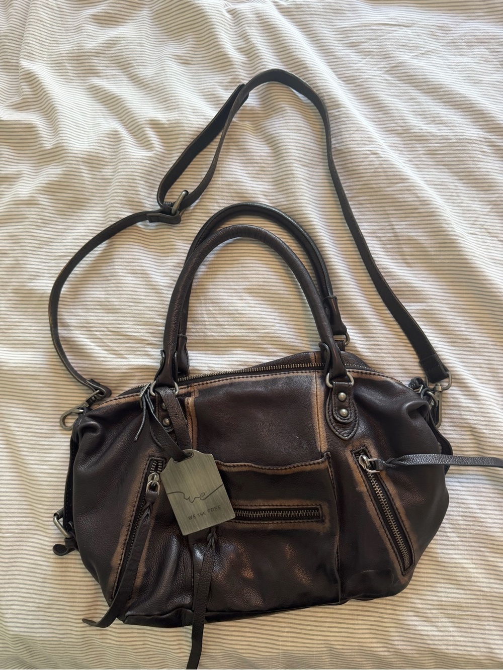 Free People Dark Brown Leather Shoulder Bag with Dual Straps